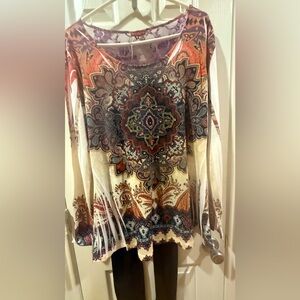 Red Ranch Womens Western Long Sleeve Top L Brown Beige Rhinestone & BrownTights